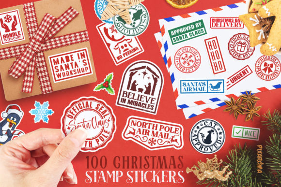 100 Christmas Stamp Stickers Bundle PNG for Illustrations