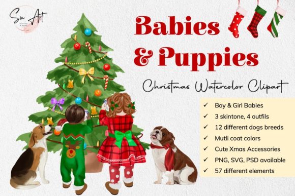 Christmas Babies Dogs Watercolor Clipart for Editorial Use
