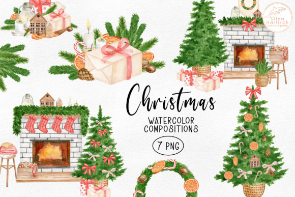 Christmas Clipart. Watercolor Fireplace Illustrations