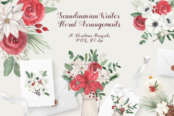 Christmas Flower Bouquets Watercolor Illustrations