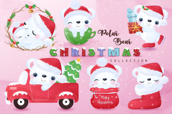 Cute Christmas Polar Bear Clipart Set for Illustrations