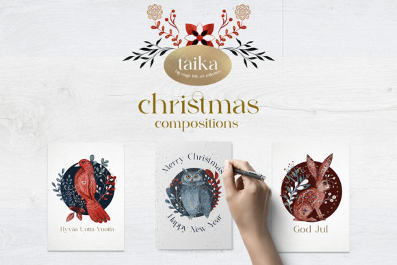 Folk Christmas Compositions Birds Animals Illustrations