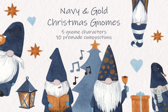 Navy Gold Hygge Christmas Gnomes Illustrations