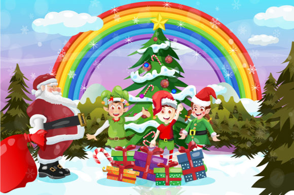 Rainbow Christmas Tree Santa and Elves Illustration Review