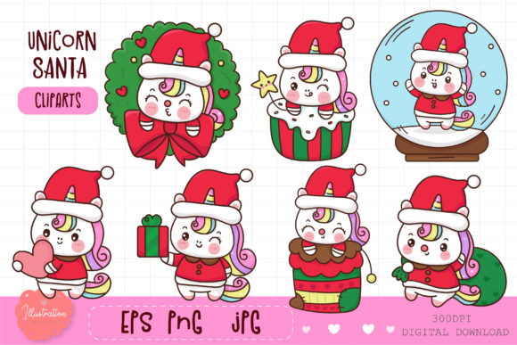 Unicorn Santa Kawaii Christmas Cartoon Illustrations